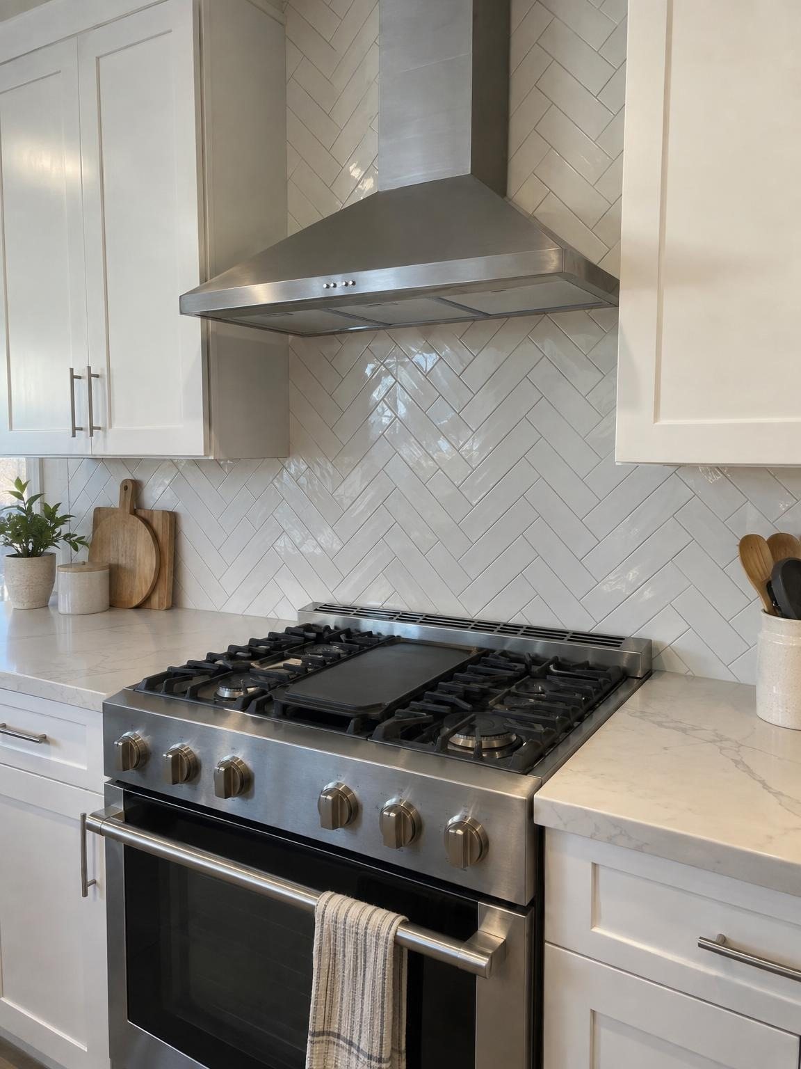 White herringbone backsplash behind a kitchen range