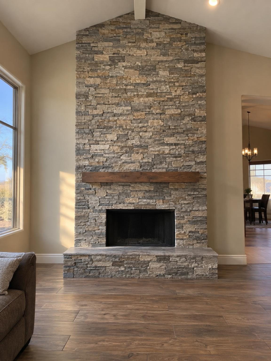 Stacked stone fireplace surround