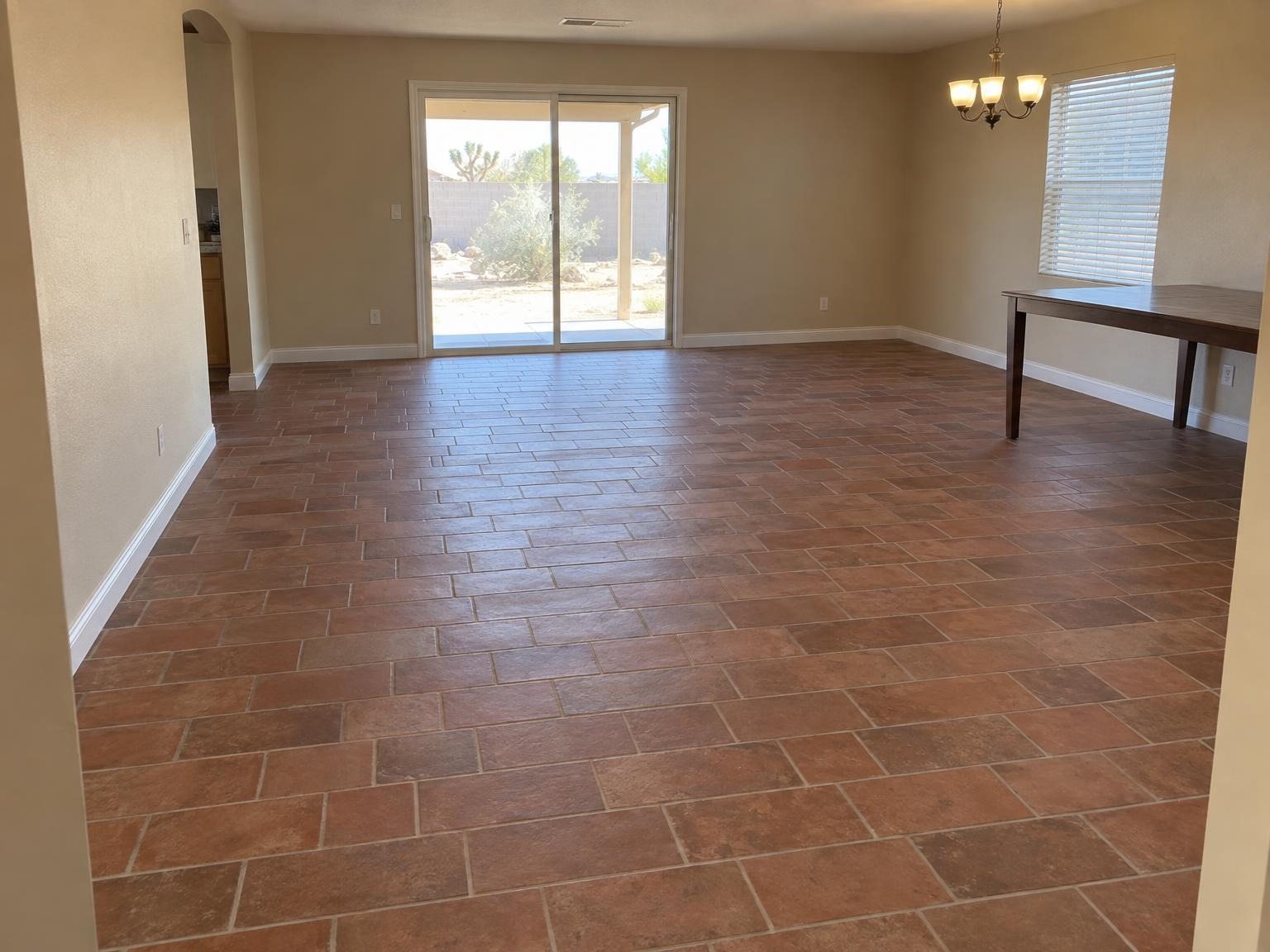 Brick-look tile floor in an open living room