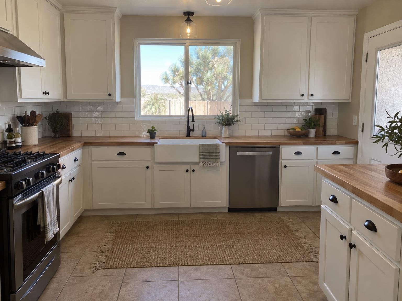 Farmhouse kitchen with a white tile backsplash