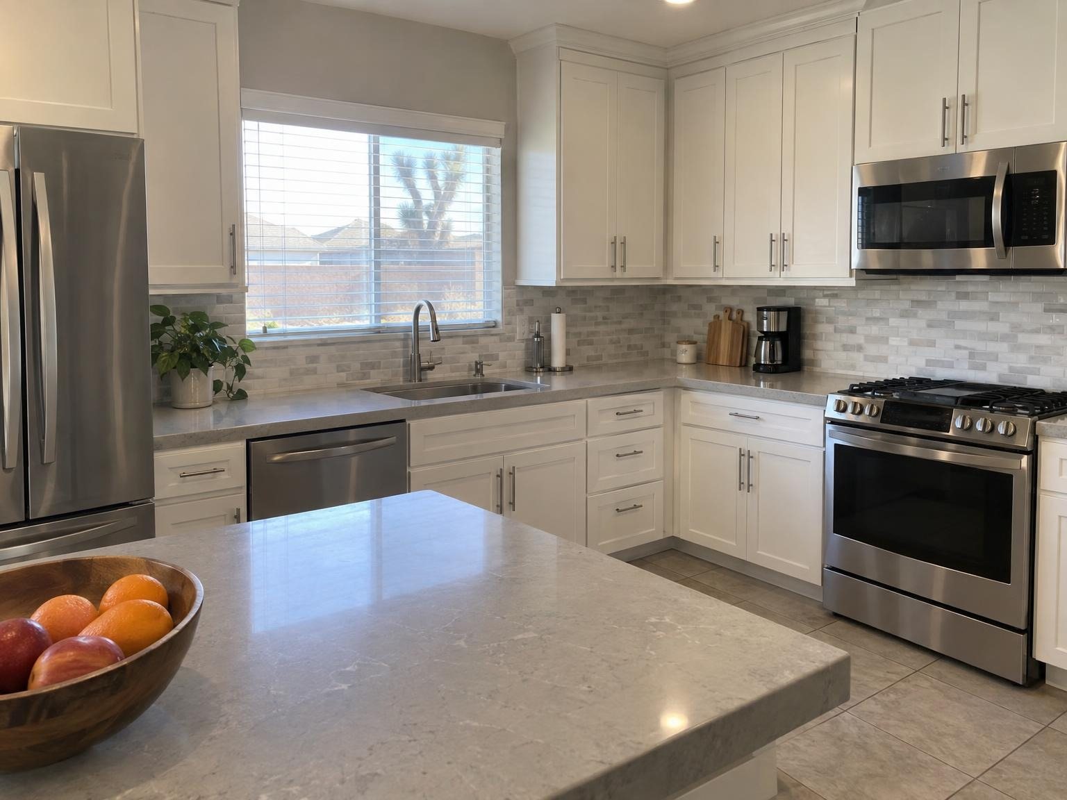 The customer’s own photo of a white kitchen with a tile backsplash