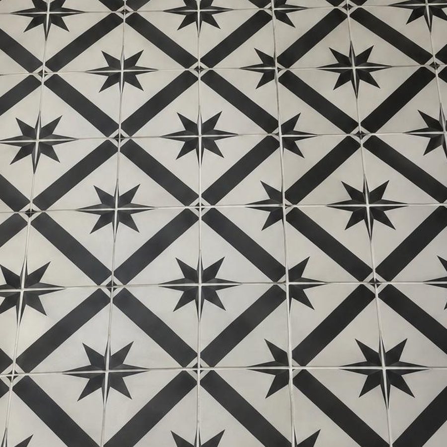Close-up of black and white patterned floor tile