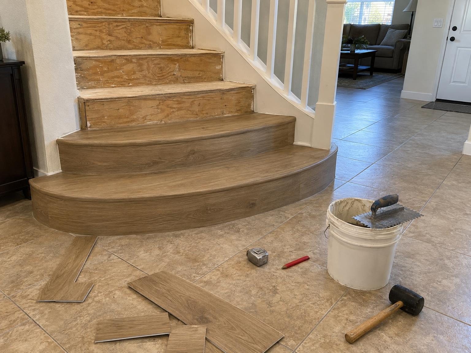 Curved stairs mid-job with tools on the floor