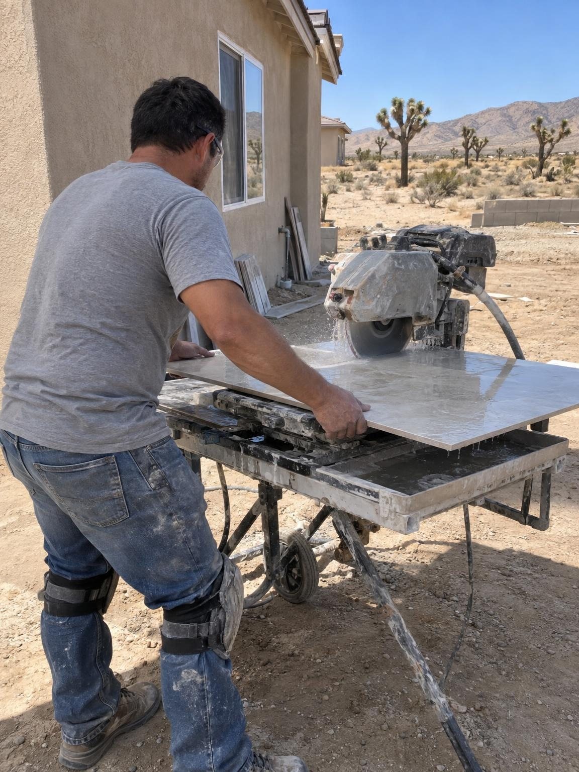 A tile setter cutting porcelain at a wet saw on a High Desert job site